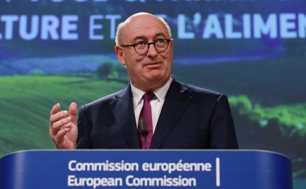 El comisario europeo de Agricultura y Desarrollo Rural, el irlandés Phil Hogan, da una rueda de prensa en Bruselas (Bélgica) hoy, 29 de noviembre de 2017, para presentar las primeras directrices sobre el futuro de la Política Agrícola Común. 