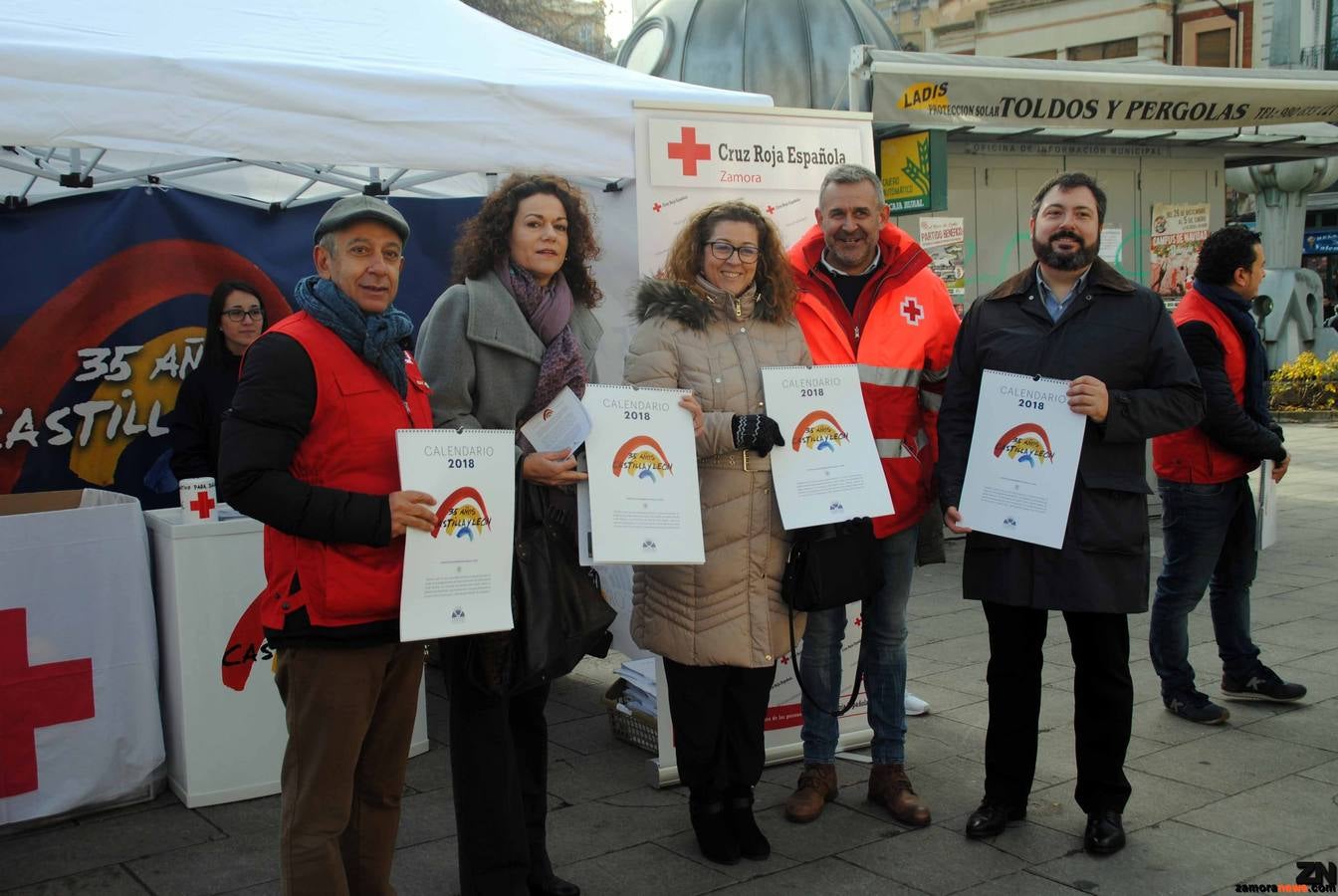 La procuradora del Partido Popular por Zamora Manuela Crespo y el presidente de Cruz Roja en Zamora, el sociólogo José Manuel del Barrio, entre otros, participan en el reparto del calendario solidario editado por las Cortes de Castilla y León para conmemorar el aniversario del Estatuto de Autonomía.