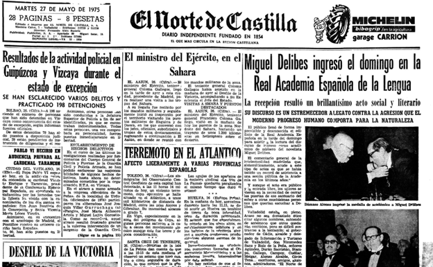 Información en El Norte sobre el ingreso de Miguel Delibes en la RAE en mayo de 1975