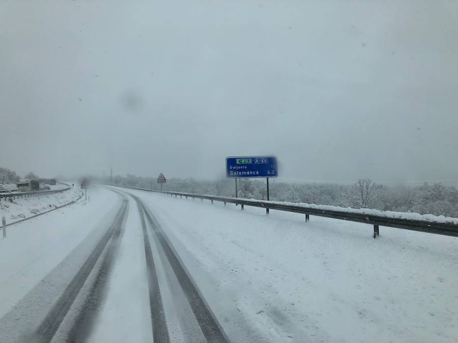 La nieve ha sorprendido de madrugada en la provincia de Salamanca, donde hay dificultades de tráfico por el elemento blanco que cubre las carreteras.