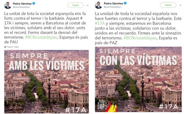 Pedro Sánchez quita la bandera de España en su recuerdo a las víctimas en catalán y luego rectifica