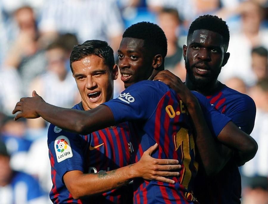 El conjunto azulgrana se llevó los tres puntos en Anoeta, tras un partido en el que la Real Sociedad comenzó adelantándose pero en el que el Barcelona se impuso gracias a los goles de Luis Suárez y Dembélé