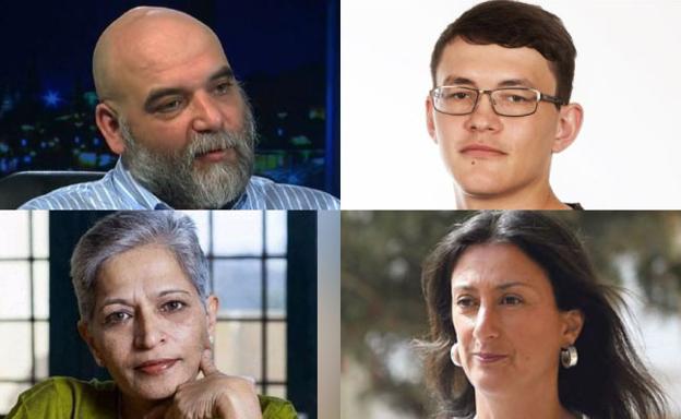 Arriba: Orkhan Dzhemal y Jan Kuciak; Abajo: Gauri Lankesh y Daphne Caruana.