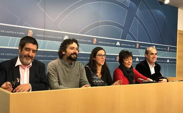 De izquierda a derecha, Manuel Mitadiel (Ciudadanos), José Sarrión (Izquierda Unida), Laura Domínguez (Podemos), Mercedes Martín (PSOE) y Luis Briones (PSOE) antes de la rueda de prensa conjunta para presentar los resultados de la comisión de investigación sobre el HUBU.