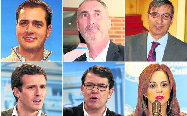 Arriba, Pablo Pérez Coronado, José Mazarías y José Luis Sanz Merino. Sobre estas líneas, Pablo Casado, Alfonso Fernández Mañueco y Silvia Clemente.