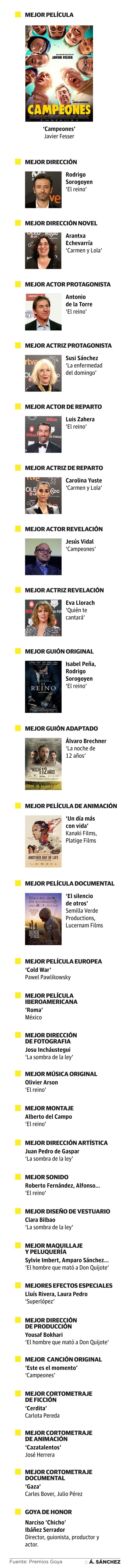 'Campeones' se ha llevado el premio a la mejor película en la gala de los Goya, celebrada en Sevilla. La película de Javier Fesser ha conseguido en el último minuto un galardón que parecía destinado a la otra favorita de la noche, 'El reino', que previamente se había hecho con siete 'cabezones', incluyendo el de mejor director (Rodrigo Sorogoyen) y mejor actor (Antonio de la Torre).