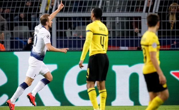 Harry Kane celebra el 0-1 en Dortmund. 
