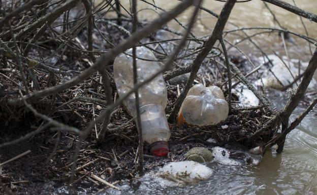 Unas botellas de agua tiradas en un río. 