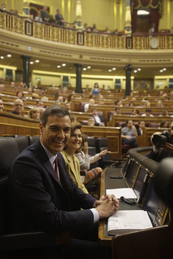 Pedro Sánchez espera sonriente el comienzo de la sesión