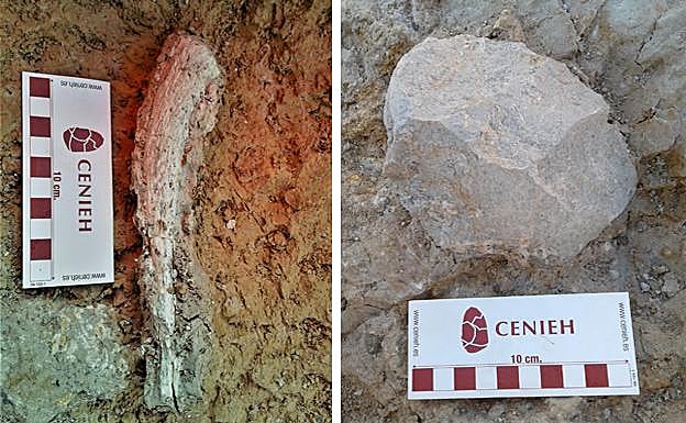 A la izquierda, Núcleo óseo de cuerno de gacela y a su lado, herramienta olduvayense. 
