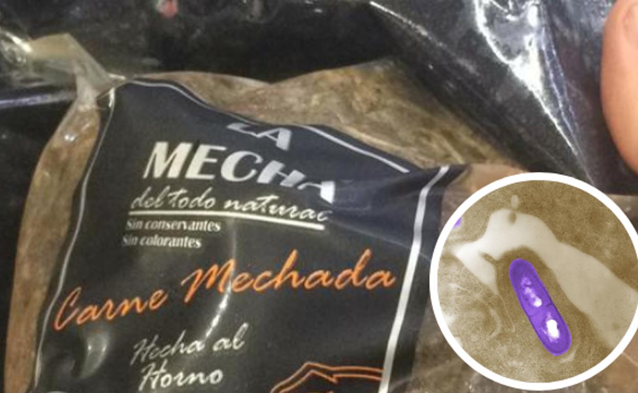 Envase de la carme mechada y la bacteria.