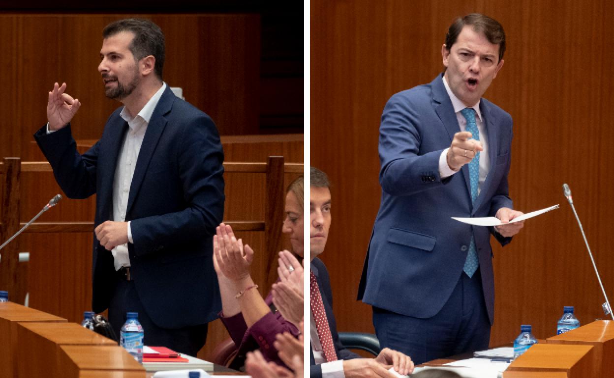 Luis Tudanca (izquierda) y Alfonso Fernández Mañueco durante sus intervenciones este martes en las Cortes de Castilla y León