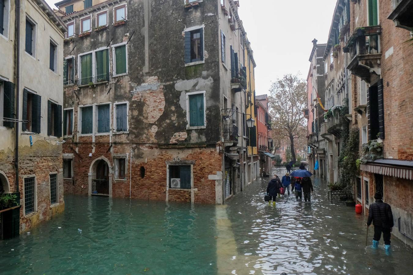 Una vista general muestra el Palacio Ducal (i) con vistas a la Plaza de San Marcos inundada, la estatua de bronce alada del León de San Marcos, las góndolas y la laguna veneciana.