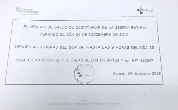 El centro de salud de Quintanar de la Sierra cierra el día de Nochebuena por falta de médicos de Familia