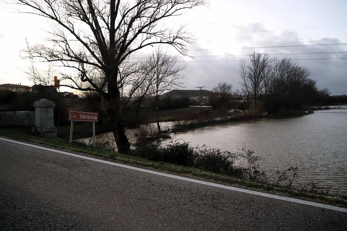 El río Ubierna ha anegado la carretera CL-629 a su llegada a Sotopalacios. El sábado un carril permanecía cortado.