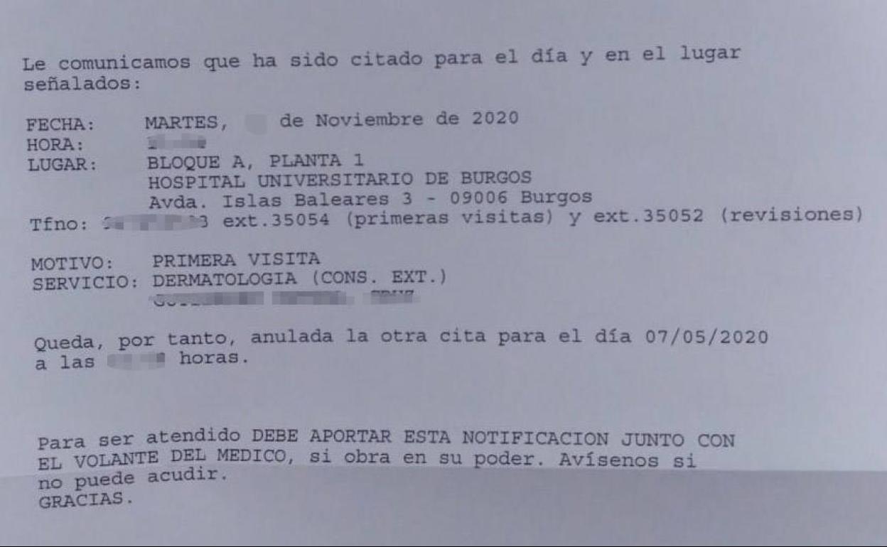 Notificación recibida por el Sacyl, que anula la anterior cita.