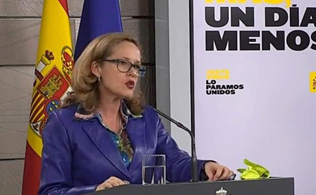 Nadia Calviño, vicepresidenta de Asuntos Económiocos y Transformación Digital, en la rueda de prensa de este miércoles.