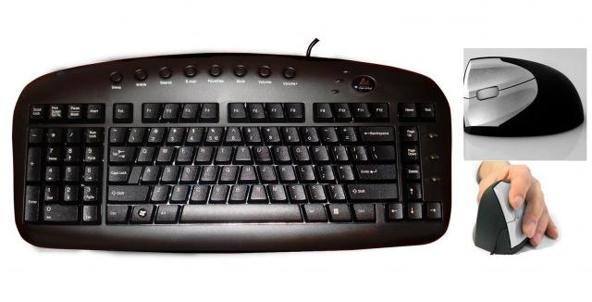 Teclado y ratón. Teclado numérico a la izquierda y ratón hergonómico especial para zurdos.