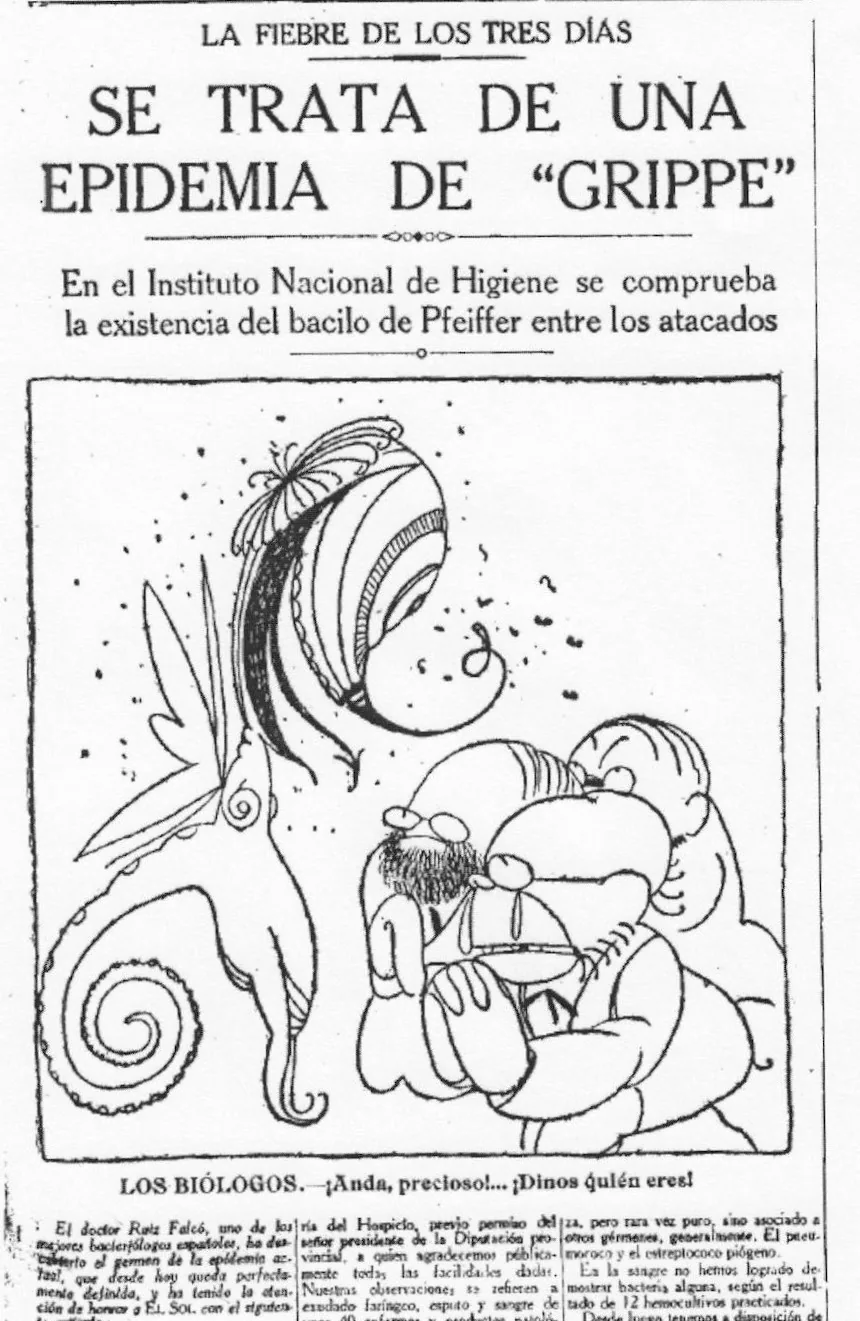 Pandemia de la «gripe española» de 1917-18: Biólogos españoles ante el microbio de la gripe española. Lluis Bagaria - El Sol: Biólogos y el microbio de la gripe española. 
