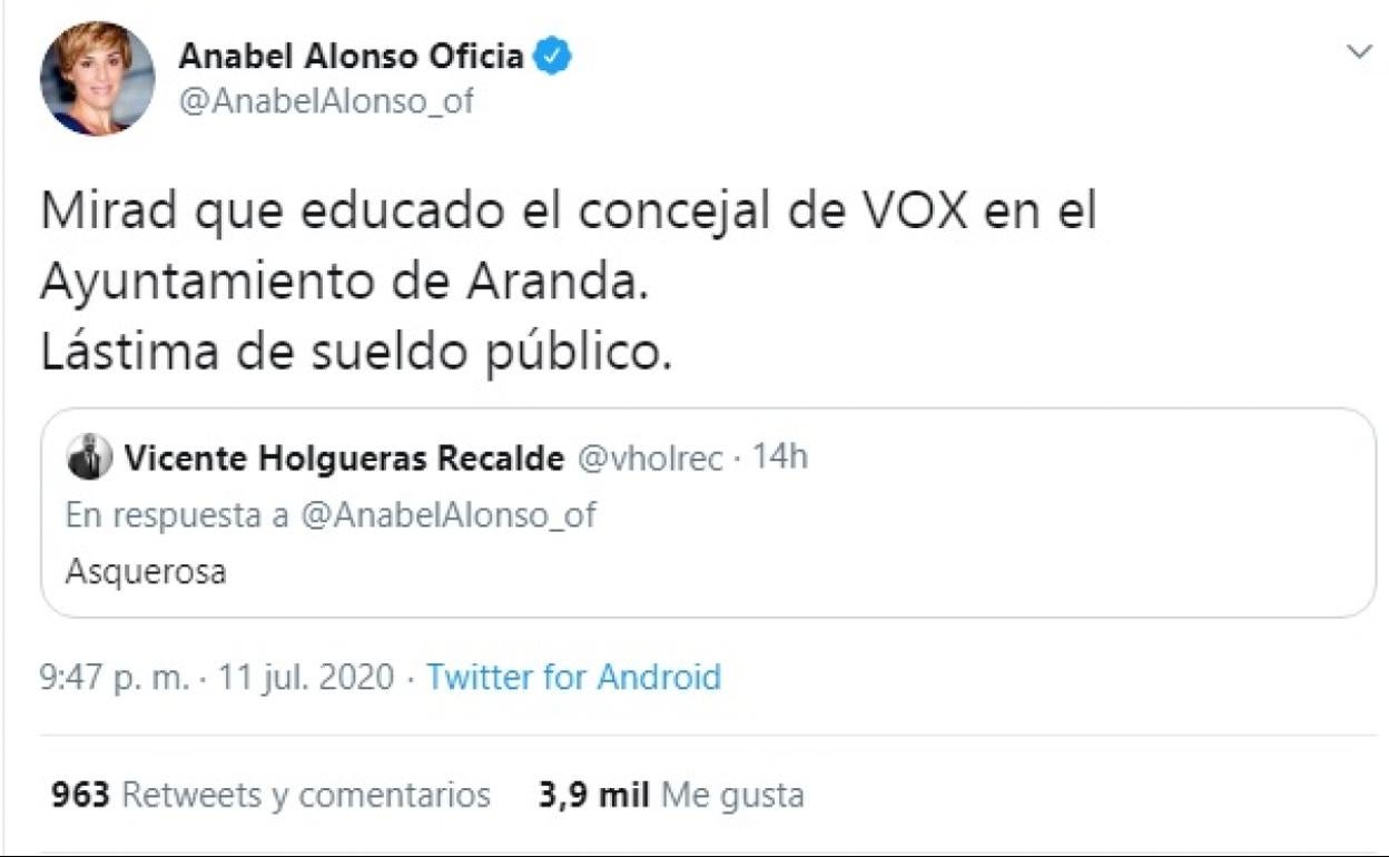 Imagen de la respuesta de Anabel Alonso al concejal arandino Vicente Holgueras.