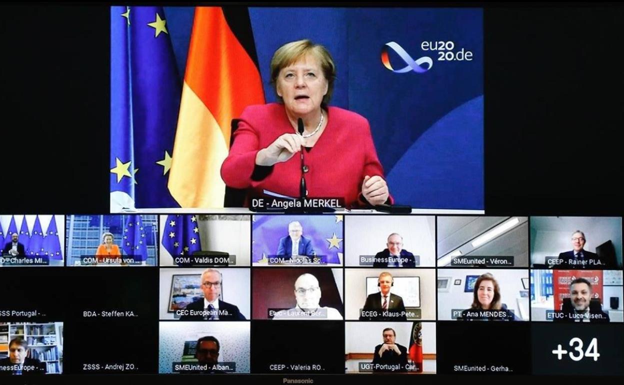 Intervención de Angela Merkel en la reunión que mantuvieron por videoconferencia los líderes de los comunitarios.