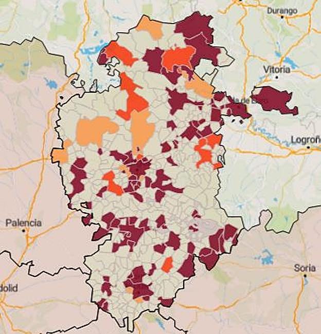 Imagen actual del mapa de Burgos según la incidencia acumulada a 14 días.