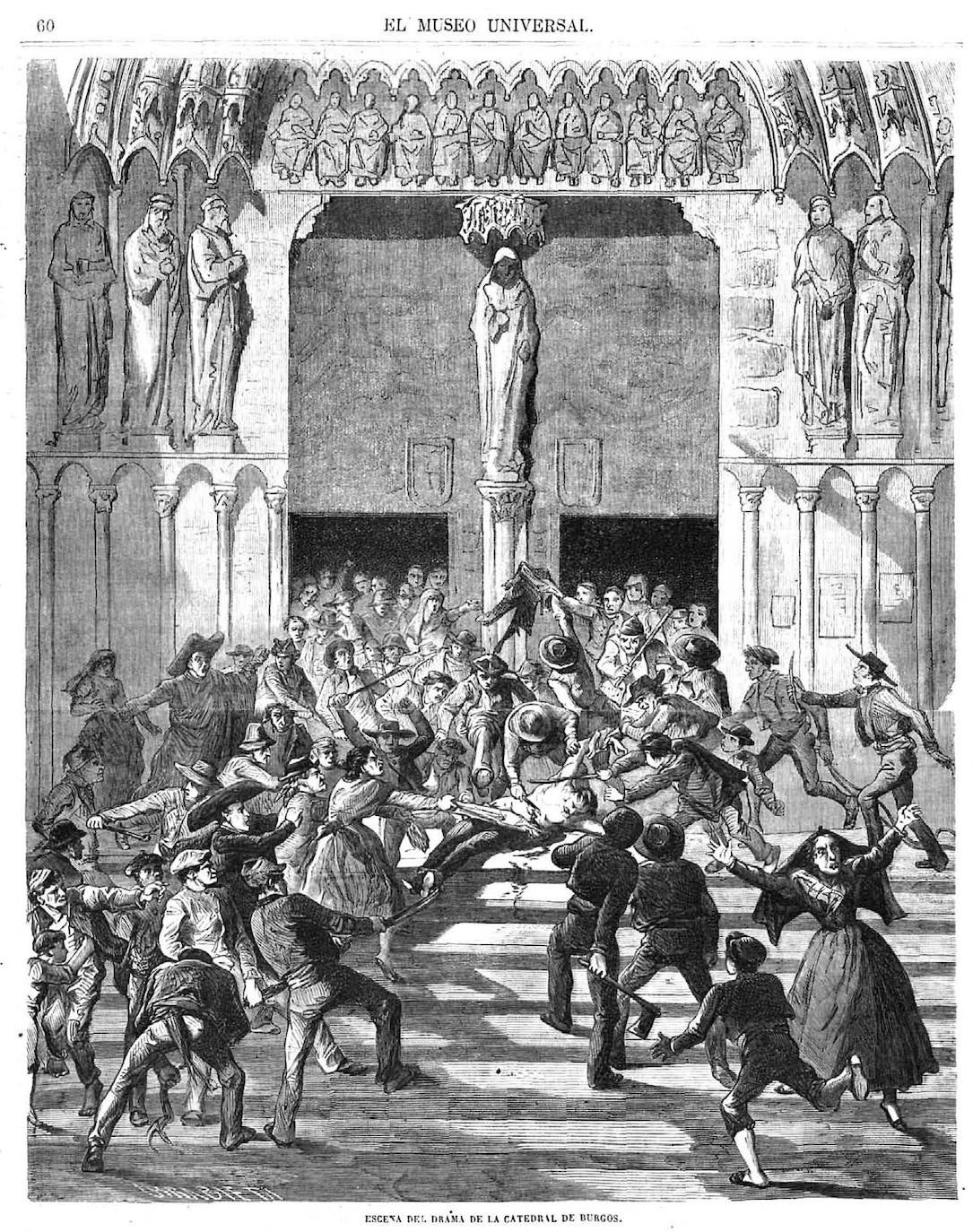 Escena del drama en la Catedral de Burgos, grabado de Vicente Urrabieta publicado en El Museo Universal del 21 de febrero de 1869, año XIII, n.º 8.