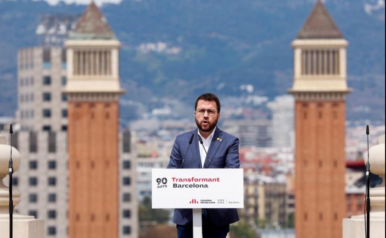 El candidato de ERC a la presidencia de la Generalitat, Pere Aragonès, durante un acto este sábado.