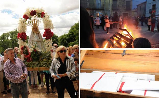 A la izquierda, romería de los Santos Nuevos. Arriba a la derecha, procesión de las Hogueras del Viernes Santo, con la Virgen de luto al fondo. Debajo, documentos que guarda el Arca en su interior.