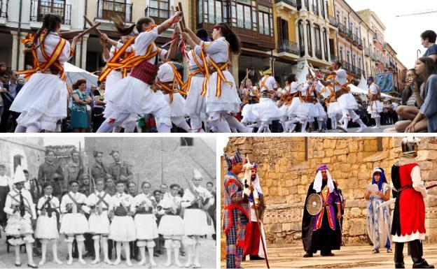 Arriba, los danzantes representan uno de los lazos tradicionales del paloteo. Debajo, antigua foto de los mozos vestidos para danzar y representación de la Entrada del Santísimo.