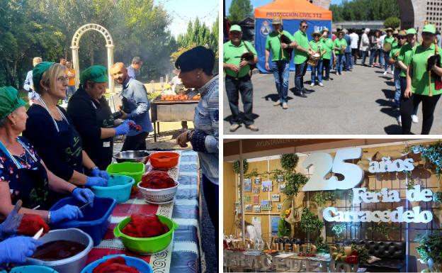 Cuatro mujeres pelan pimientos asados del Bierzo en el certamen dedicado a promocionar este producto. Ala derecha, integrantes de una banda de gaitas y expositor del Ayuntamiento de Carracedelo en la última edición de la Feria Agroalimentaria y Multisectorial del Bierzo.