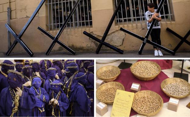 Arriba, un joven sujeta una cruz antes de la procesión del Ecce Homo de la localidad. Debajo, un grupo de nazarenos con sus coronas de espinas. y distintas variedades de garbanzos de Fuentesaúco.