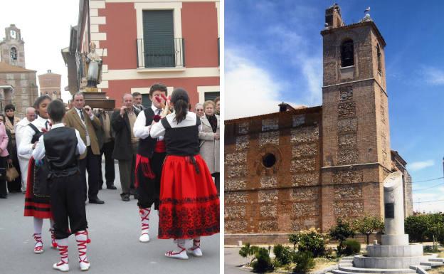 Baile del paloteo, durante la procesión de San Martín, y monumento a Tomás Luis de Victoria, junto a la iglesia de San Martín Obispo.