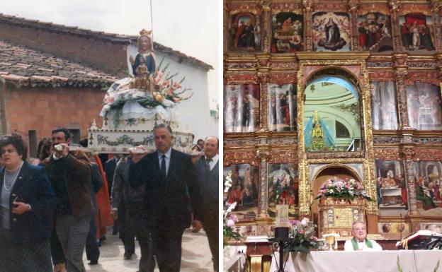 Procesión de Nuestra Señora del Templo en marzo de 1987, con motivo de su regreso a Pajares de la Lampreana después de ser restaurada, y retablo de la ermita de la Virgen durante una eucaristía.