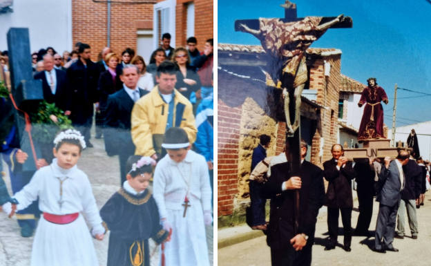 A la izquierda, el Amor Divino camina ente los dos angelillos. Al lado, otra procesión de Semana Santa en Bustillo del Páramo de Carrión.