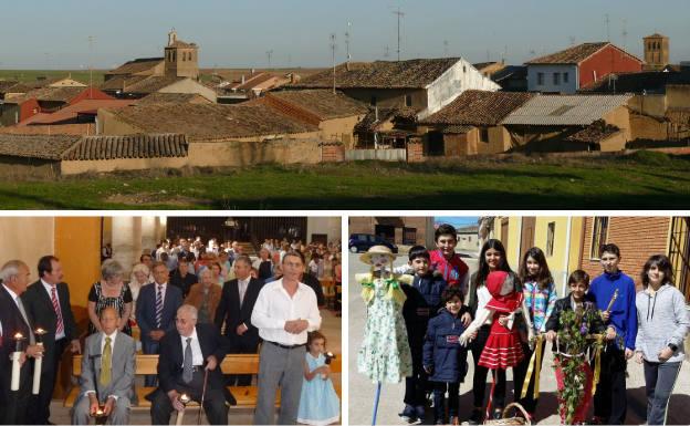 Arriba, Boadilla de Rioseco vista desde las eras. Debajo, asistentes a la eucaristía en honor a la patrona y fiestas de la Cruz de Mayo.