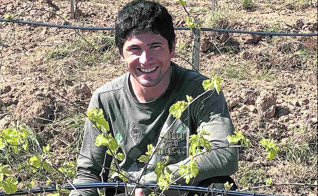 Daniel Maestre, junto a una de las vides de su explotación en la localidad burgalesa.