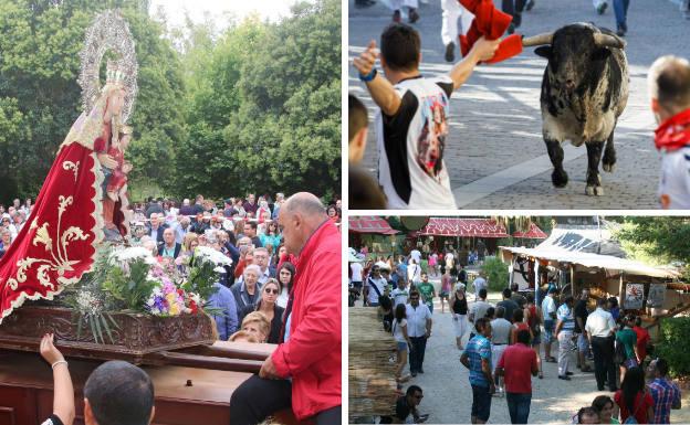 A la izquierda, devoción a la Virgen de El Henar. Al lado, un joven cita al toro durante el encierro y feria 'Cuéllar Mudéjar'.