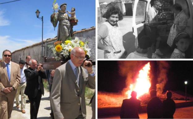 Ala izquierda, procesión con San Antonio de Padua, patrón del pueblo. Al lado, venta de pan a domicilio hace años y hoguera en torno a la que se baila en La Velá.