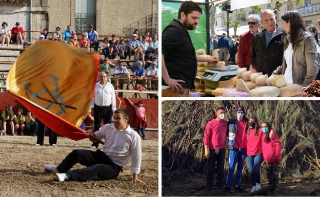 A la izquierda, baile de la bandera, acto conmemorativo de la victoria del pueblo sobre el Feudal del Castillo de Hinojosa. Al lado, Feria Internacional del Queso y quintos preparando su hoguera en Nochebuena.