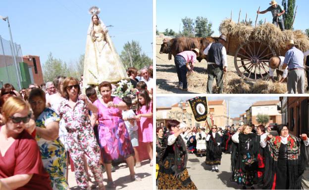 A la izquierda, procesión durante las fiestas en honor a Nuestra Señora de la Asunción. Al lado, carga de la mies en el carro durante la Fiesta de la Siega y celebración de Santa Águeda.