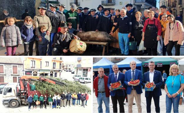 Arriba, participantes en la matanza tradicional. Debajo, los quintos con el árbol de Navidad que colocan en la plaza y Fiesta de la Fresa y Feria Agroalimentaria Sierra Quilama para poner en valor los productos locales.