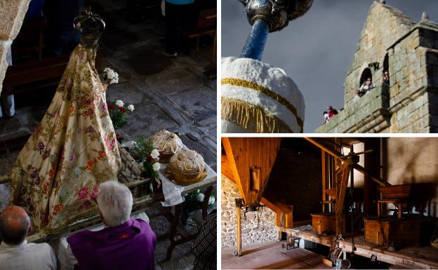 A la izquierda, bollos maimones, ofrenda a la Virgen del Rosario. Al lado, toques de campanas en El Manzano, que tienen su propio significado, Fábrica de harinas de Sofía de la Bondad, que muestra un oficio ya en desuso.