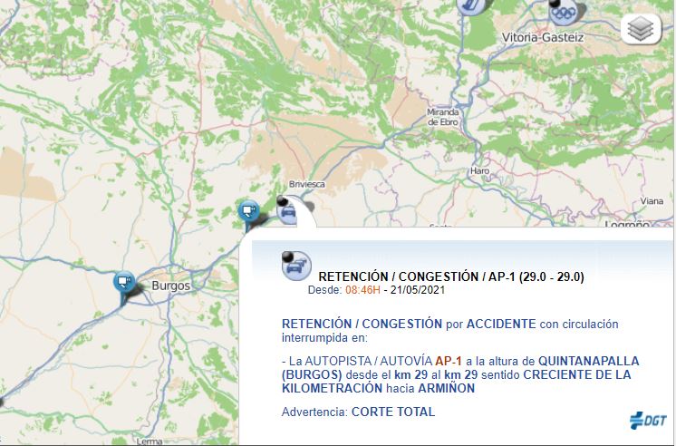 Mapa de la DGT con las indicaciones del accidente. 