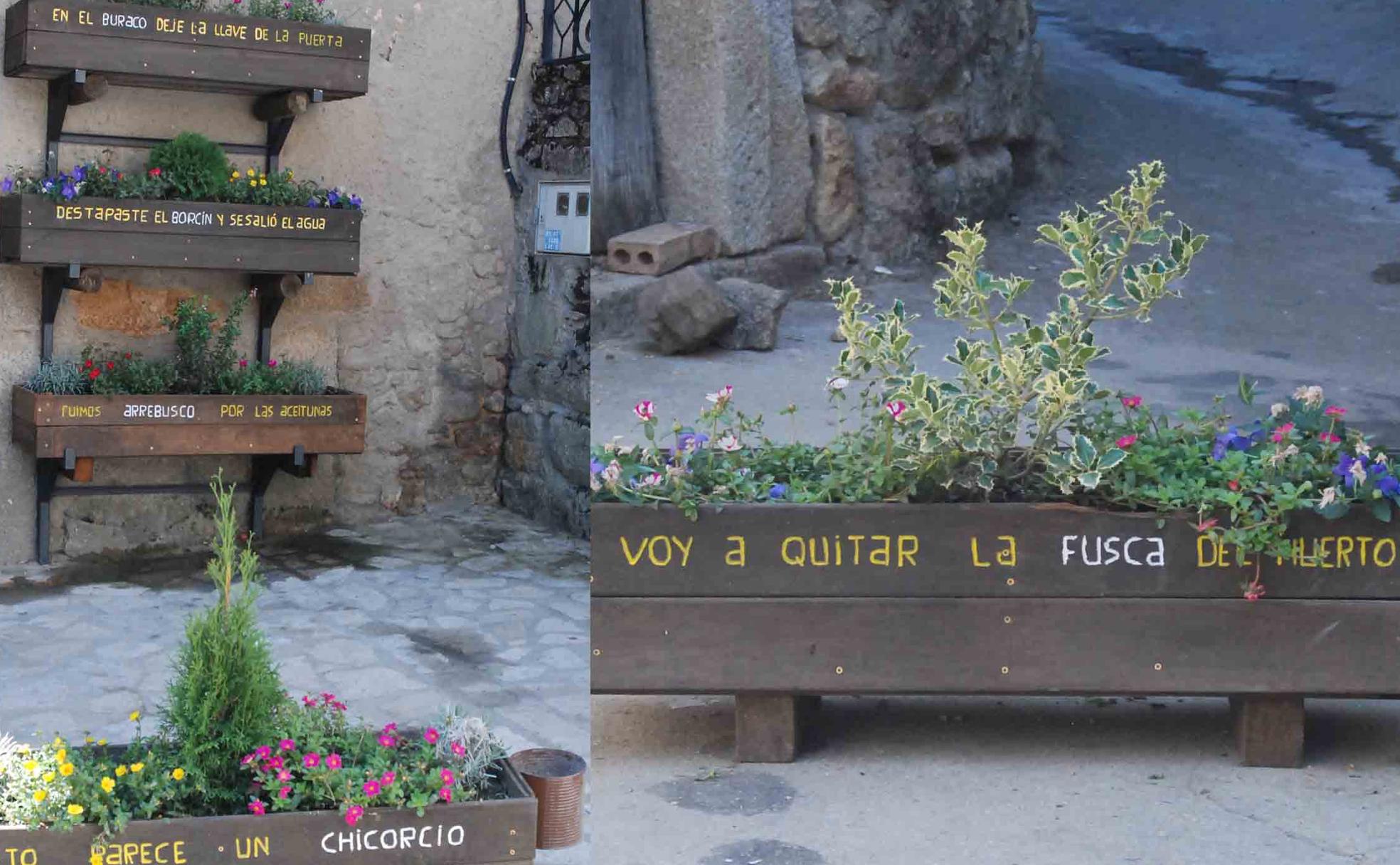 Varias jardineras que muestran varias frases utilizando palabras casi olvidadas o en desuso, que forman parte del paseo de las Letras.