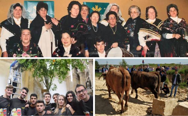 Arriba, las águedas de Villamayor, que siempre han celebrado su fiesta junto a Las Candelas. Debajo, los quintos con el ramo que ofrecen a la Virgen y demostracion con bueyes en la Feria de la Piedra. 