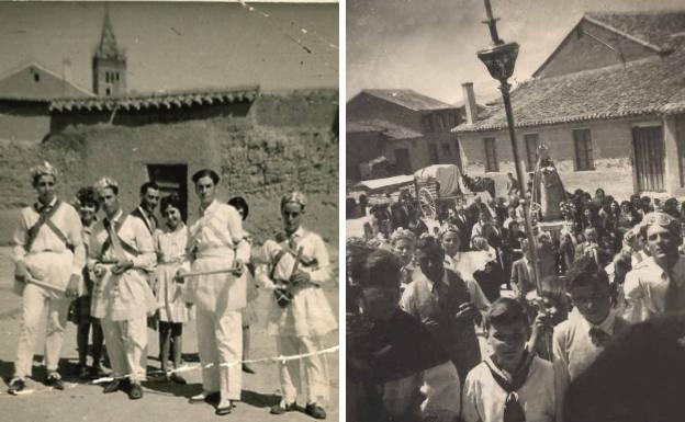 Danzantes de Gatón de Campos en los años sesenta del siglo pasado y procesión de la Virgen de las Nieves hace décadas.