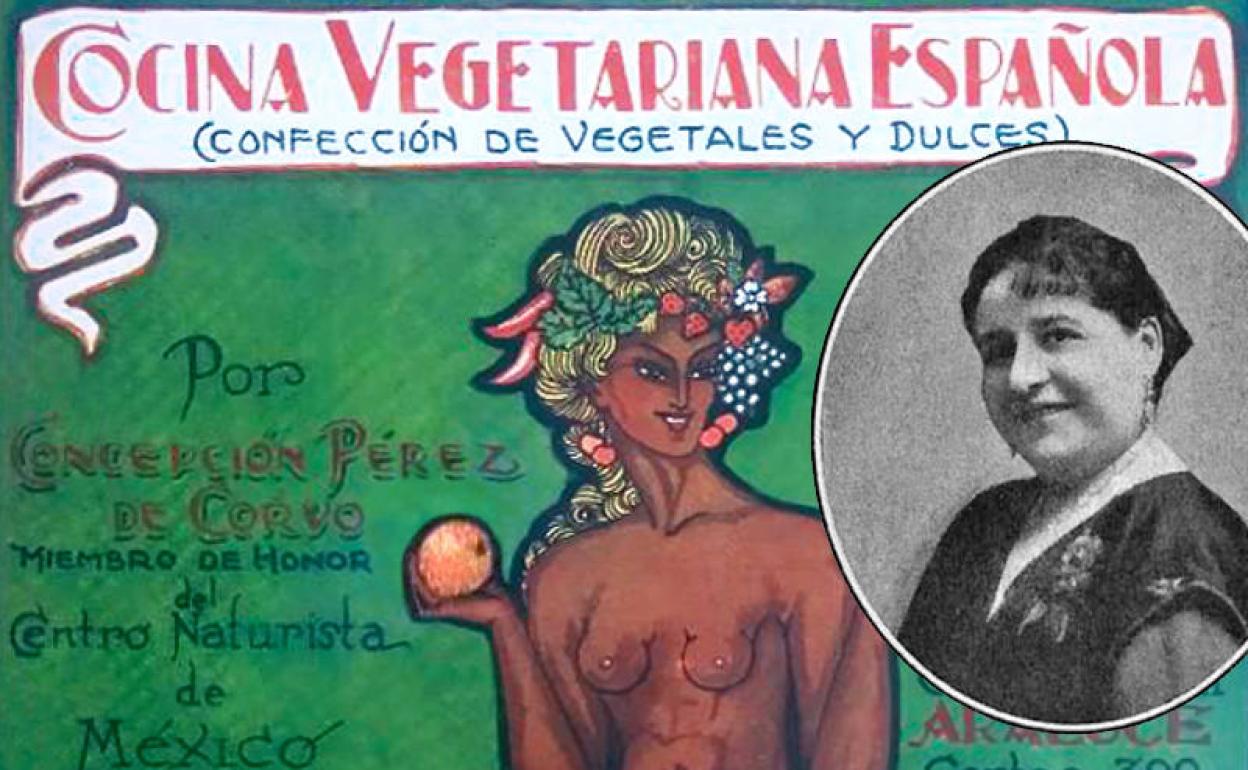 Portada de 'Cocina vegetariana española' y retrato de Concepción Pérez.