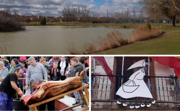 Arriba, el gran lago que da nombre a la localidad. Debajo, Jornadas de la Matanza y La Vieja, con sus siete piernas, colgada del balcón del Ayuntamiento.