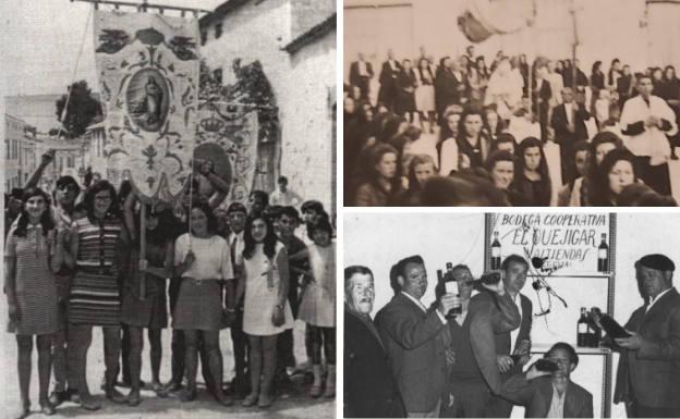 A la izquierda, un grupo de jóvenes sujetan el estandarte durante la fiesta del pueblo. Al lado, antigua procesión del Corpus e inauguración de la bodega cooperativa en los años sesenta.